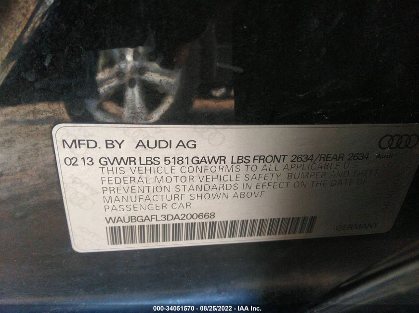 2013 AUDI S4 PREMIUM PLUS WAUBGAFL3DA200668