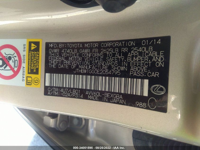 2014 LEXUS ES 300H HYBRID JTHBW1GG0E2054795