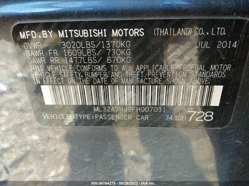 2015 MITSUBISHI MIRAGE DE/RF ML32A3HJ9FH007031