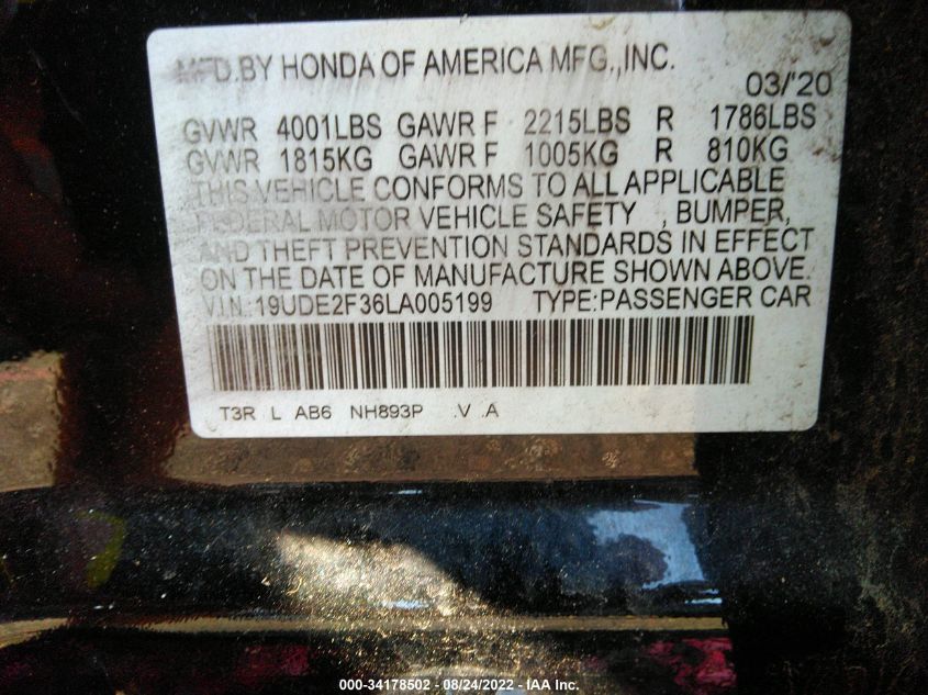 2020 ACURA ILX 19UDE2F36LA005199