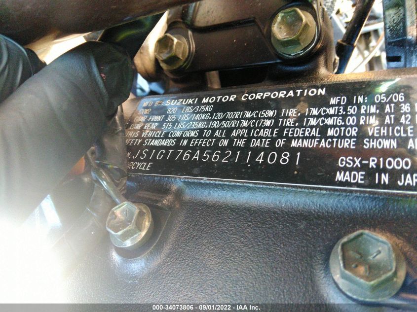 2006 SUZUKI GSX-R1000 JS1GT76A562114081