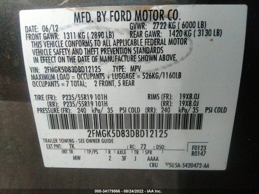 2013 FORD FLEX LIMITED 2FMGK5D83DBD12125