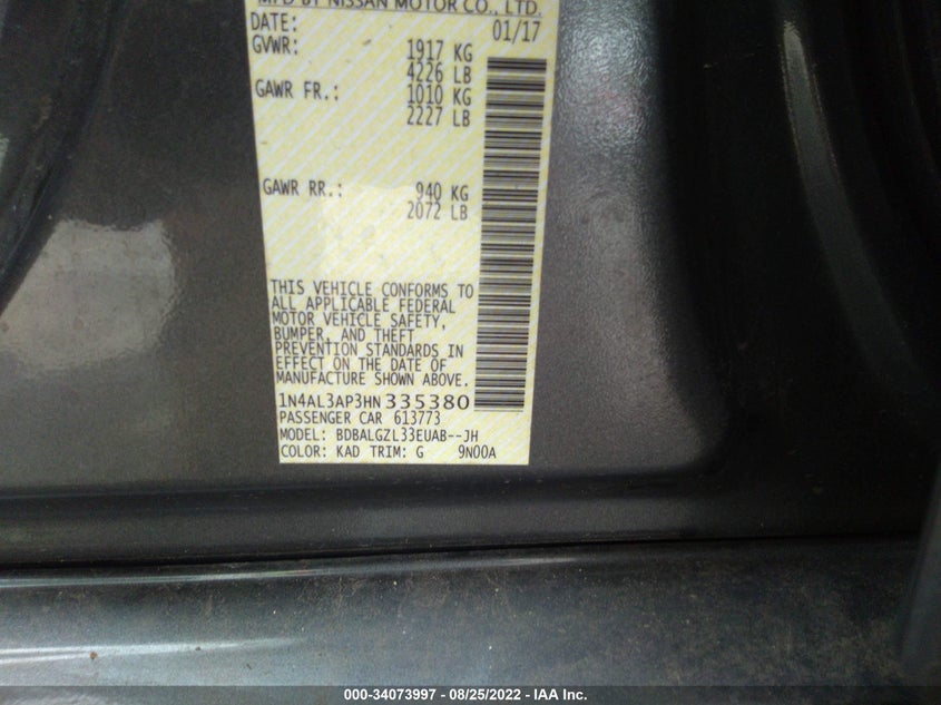 VIN 1N4AL3AP3HN335380 2017 NISSAN ALTIMA 2.5 S