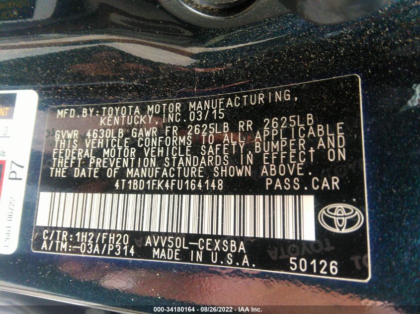 2015 TOYOTA CAMRY HYBRID LE/XLE/SE 4T1BD1FK4FU164148