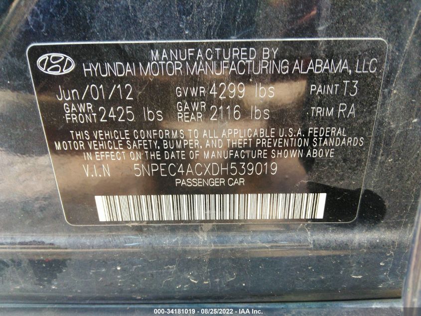 VIN 5NPEC4ACXDH539019 2013 HYUNDAI SONATA no.9