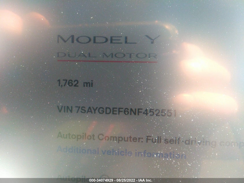 VIN 7SAYGDEF6NF452551 2022 TESLA MODEL Y PERFORMANCE