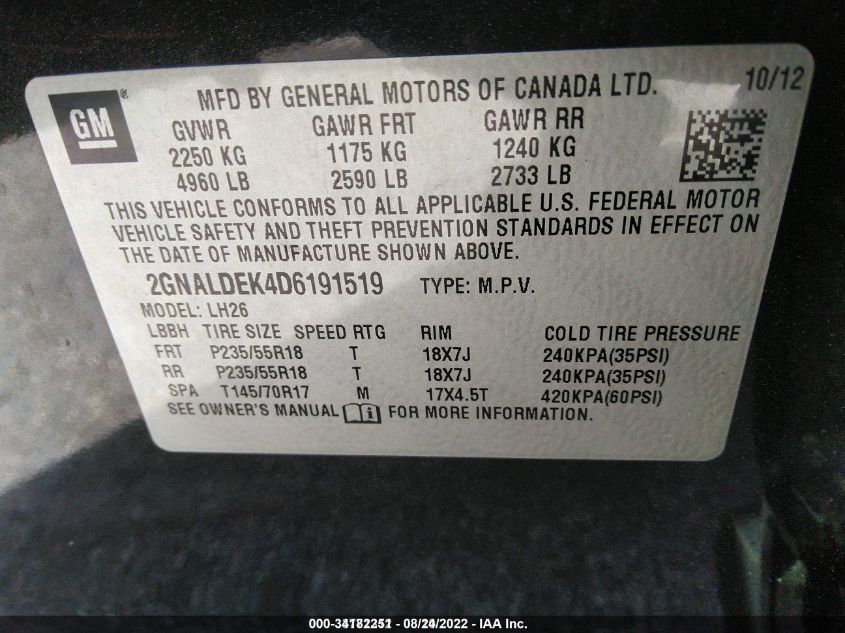 2013 CHEVROLET EQUINOX LT 2GNALDEK4D6191519