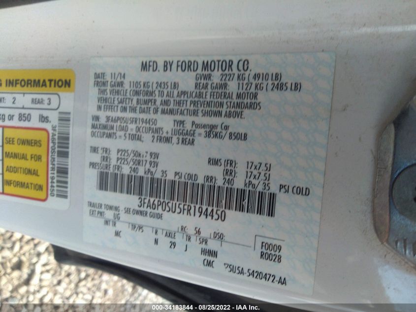 2015 FORD FUSION ENERGI TITANIUM 3FA6P0SU5FR194450