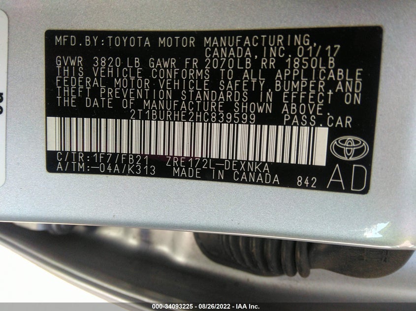 VIN 2T1BURHE2HC839599 2017 TOYOTA COROLLA L/LE/XLE/SE