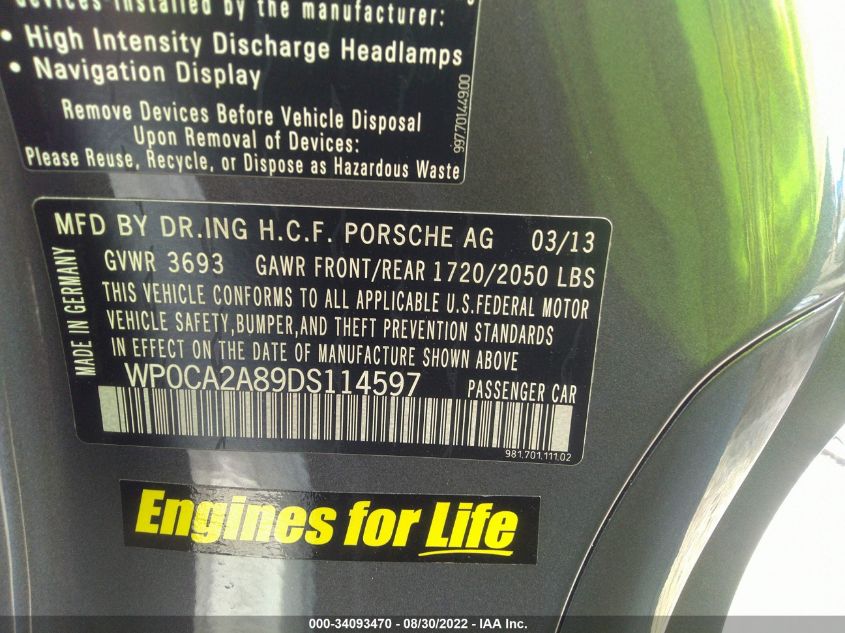 2013 PORSCHE BOXSTER WP0CA2A89DS114597
