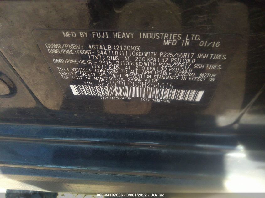 2016 SUBARU CROSSTREK HYBRID TOURING JF2GPBLC8GH254015