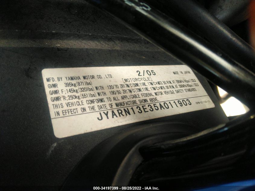 2005 YAMAHA YZFR1 JYARN13E35A011903
