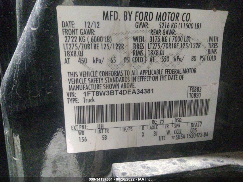 2013 FORD SUPER DUTY F-350 SRW PLATINUM/XL/XLT/LARIAT 1FT8W3BT4DEA34381