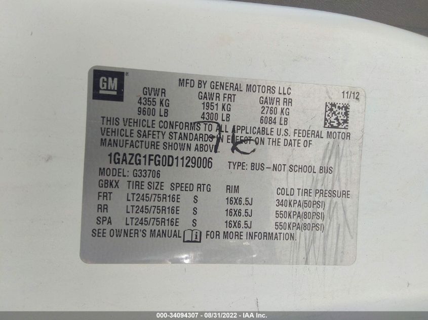 2013 CHEVROLET EXPRESS PASSENGER LT 1GAZG1FG0D1129006