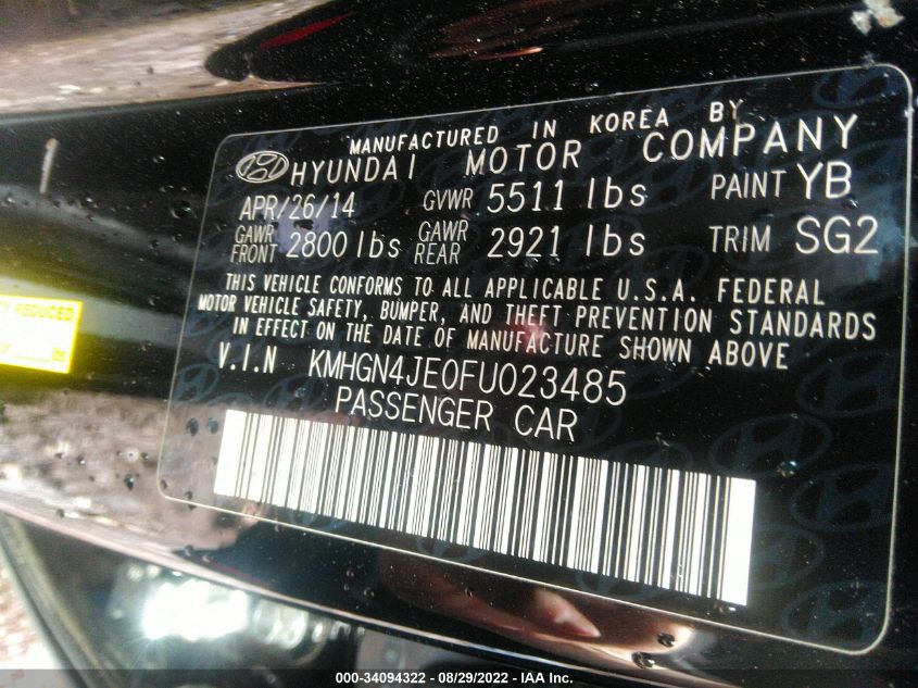 2015 HYUNDAI GENESIS 3.8L KMHGN4JE0FU023485