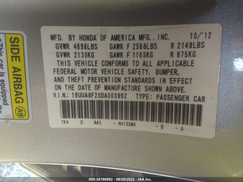 2013 ACURA TL 19UUA8F20DA000992