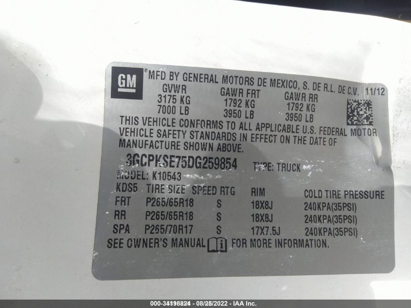 2013 CHEVROLET SILVERADO 1500 LT 3GCPKSE75DG259854