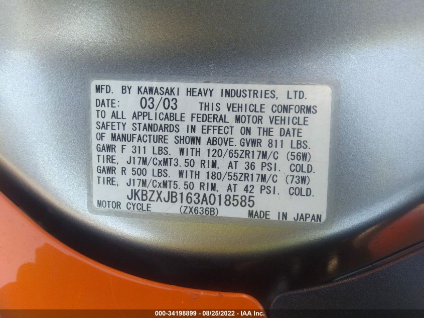 2003 KAWASAKI ZX636 B1 JKBZXJB163A018585