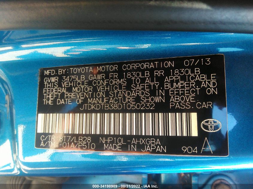 2013 TOYOTA PRIUS C ONE/TWO/THREE/FOUR JTDKDTB38D1050232
