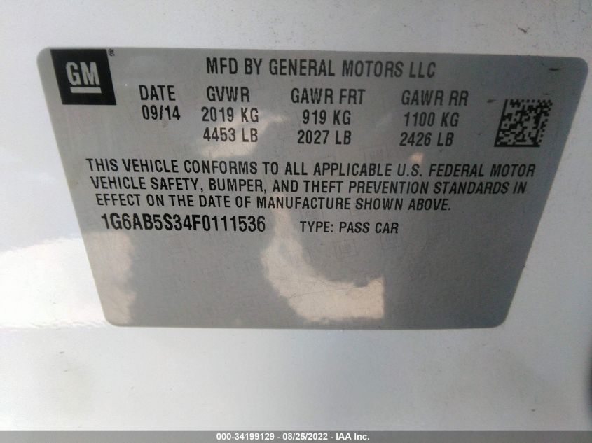 2015 CADILLAC ATS SEDAN LUXURY RWD 1G6AB5S34F0111536