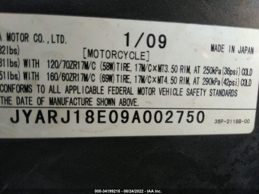2009 YAMAHA FZ6 R JYARJ18E09A002750