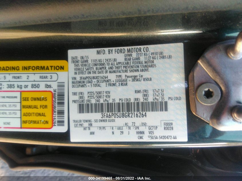 2016 FORD FUSION ENERGI TITANIUM 3FA6P0SU8GR216264