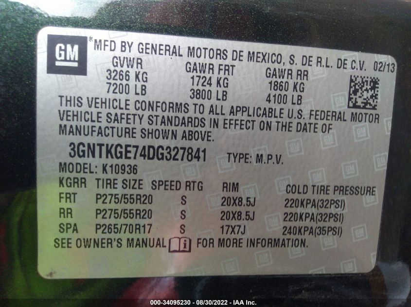 2013 CHEVROLET AVALANCHE LTZ 3GNTKGE74DG327841