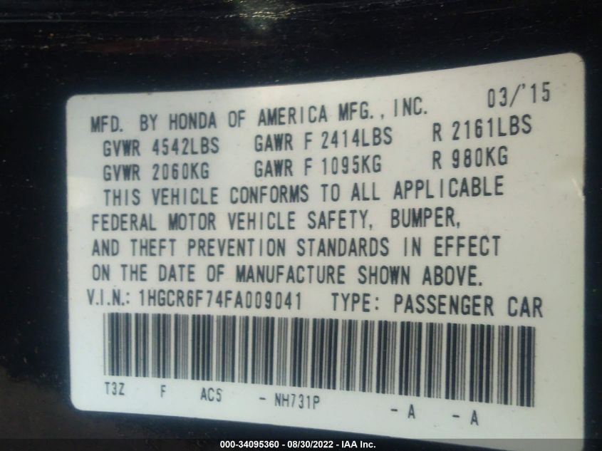 2015 HONDA ACCORD HYBRID TOURING 1HGCR6F74FA009041