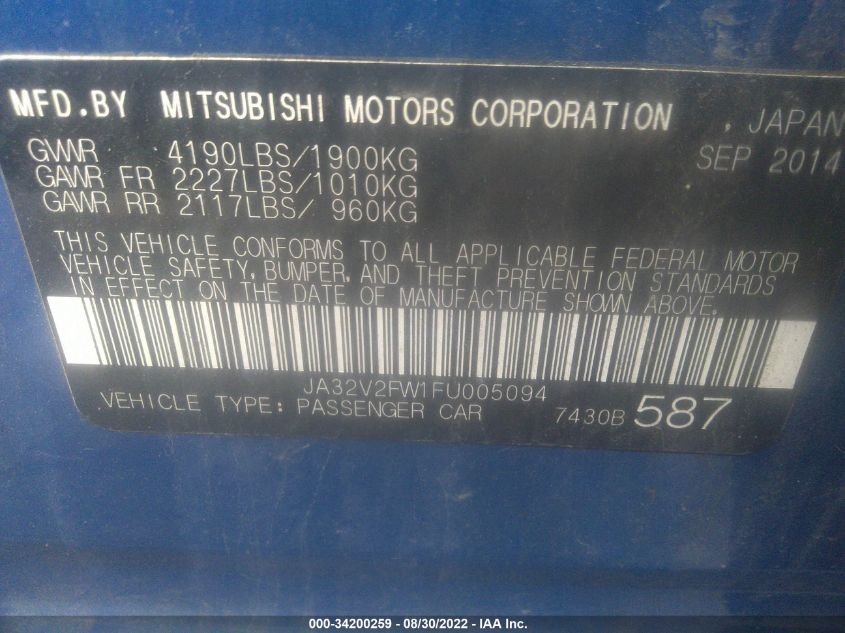 2015 MITSUBISHI LANCER SE JA32V2FW1FU005094