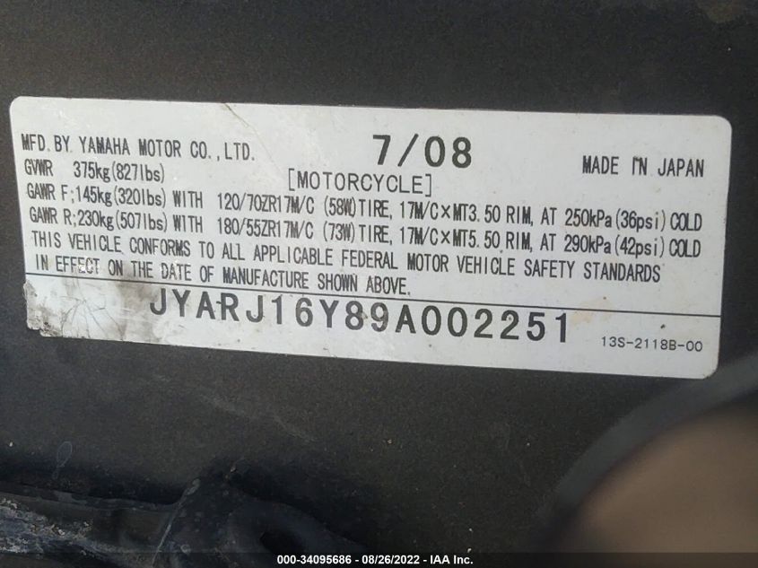 2009 YAMAHA YZFR6 C JYARJ16Y89A002251