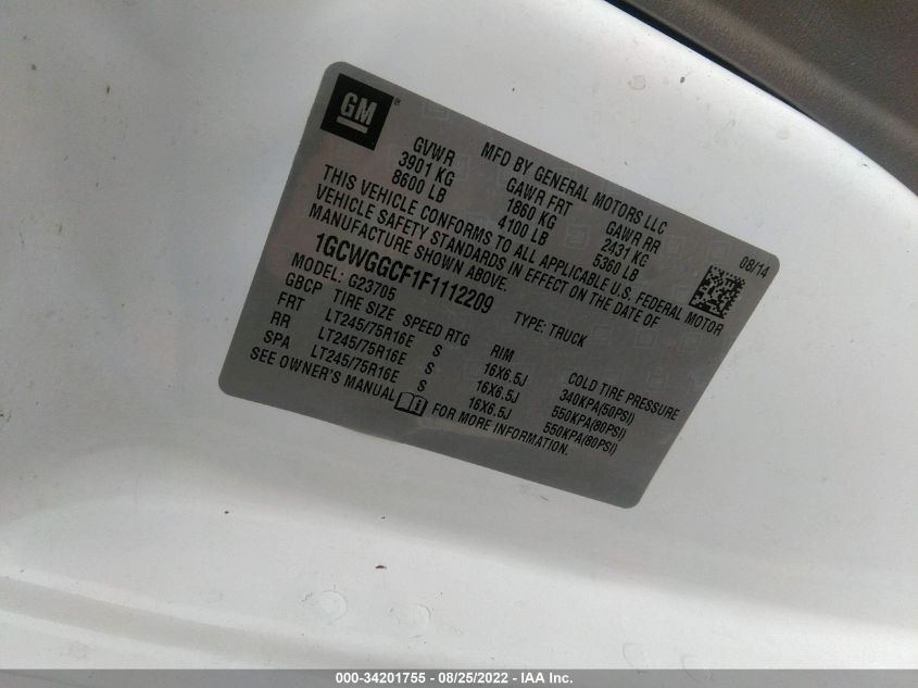 2015 CHEVROLET EXPRESS CARGO VAN 1GCWGGCF1F1112209