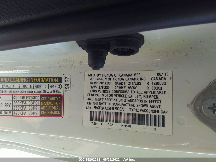2015 HONDA CIVIC COUPE SI 2HGFG4A58FH706677