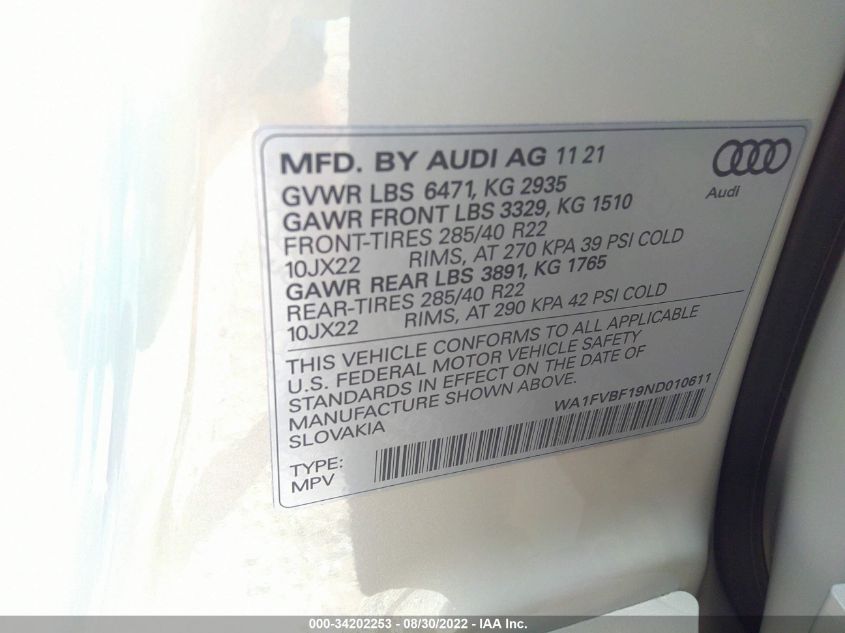 2022 AUDI Q8 PRESTIGE WA1FVBF19ND010611
