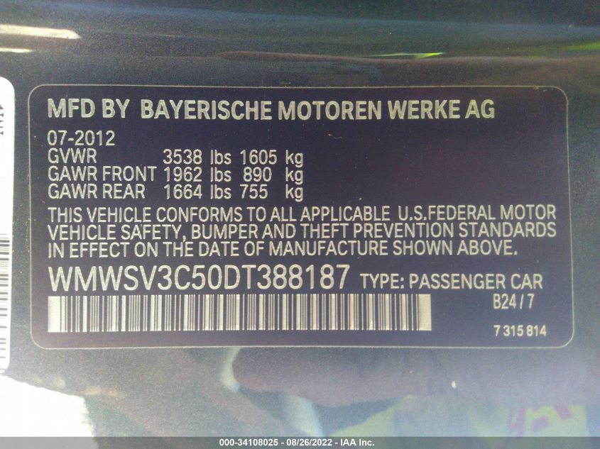 2013 MINI COOPER HARDTOP S WMWSV3C50DT388187