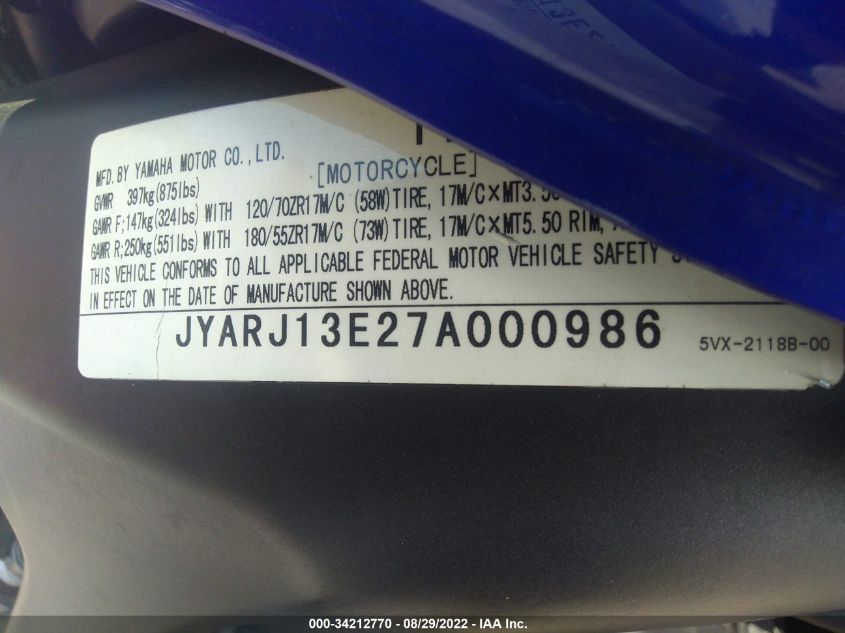 2007 YAMAHA FZ6 SHG JYARJ13E27A000986