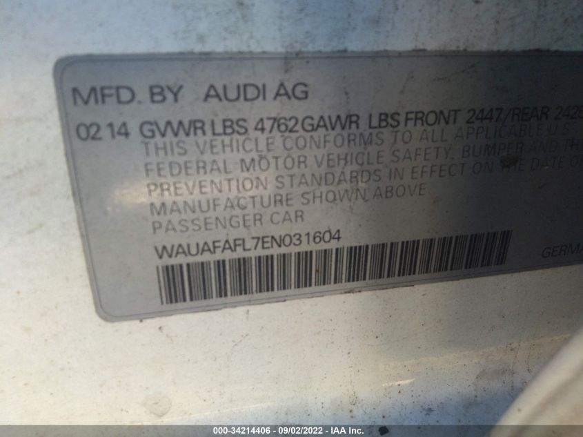 2014 AUDI A4 PREMIUM WAUAFAFL7EN031604