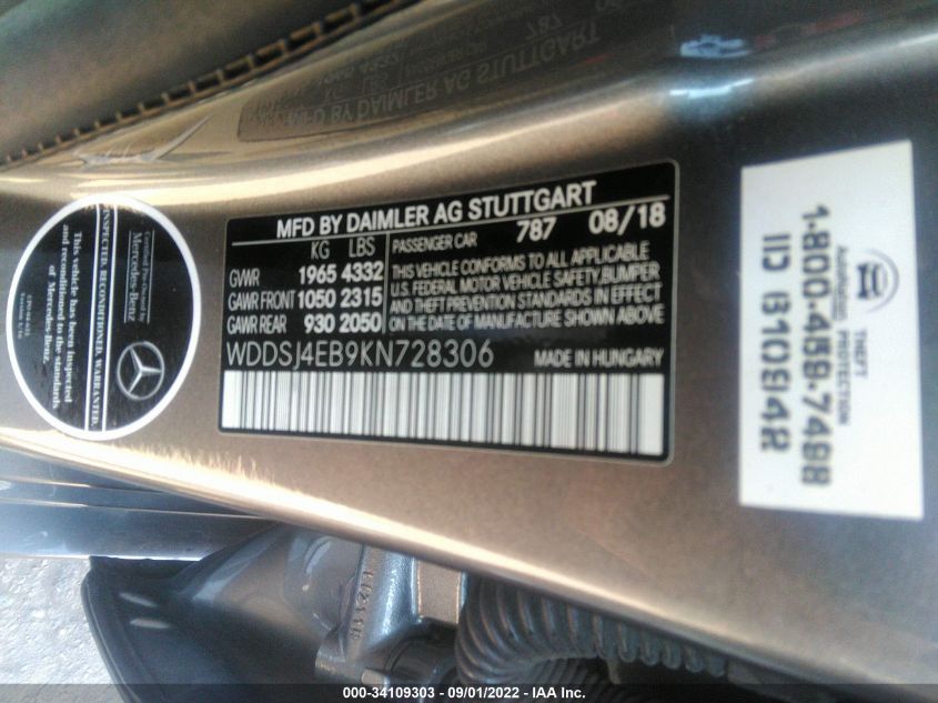 2019 MERCEDES-BENZ CLA CLA 250 WDDSJ4EB9KN728306