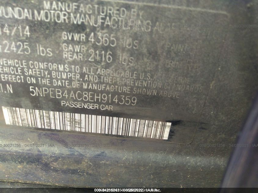 2014 HYUNDAI SONATA GLS 5NPEB4AC8EH914359