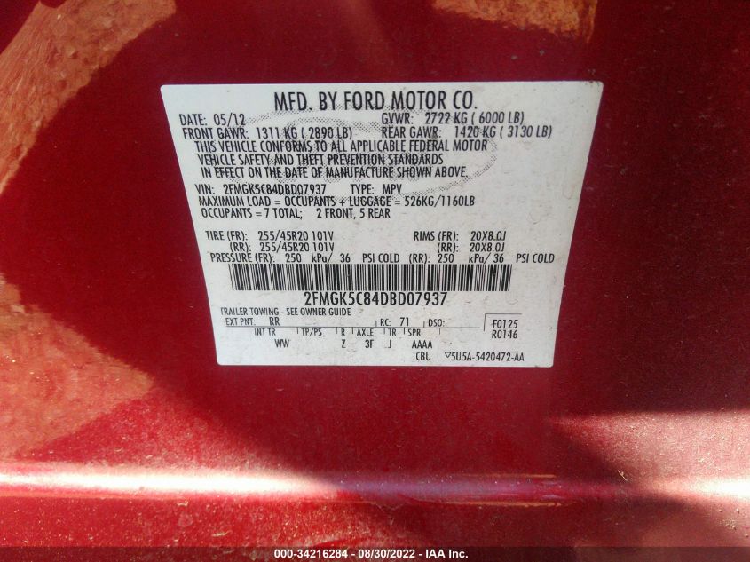 2013 FORD FLEX SEL 2FMGK5C84DBD07937