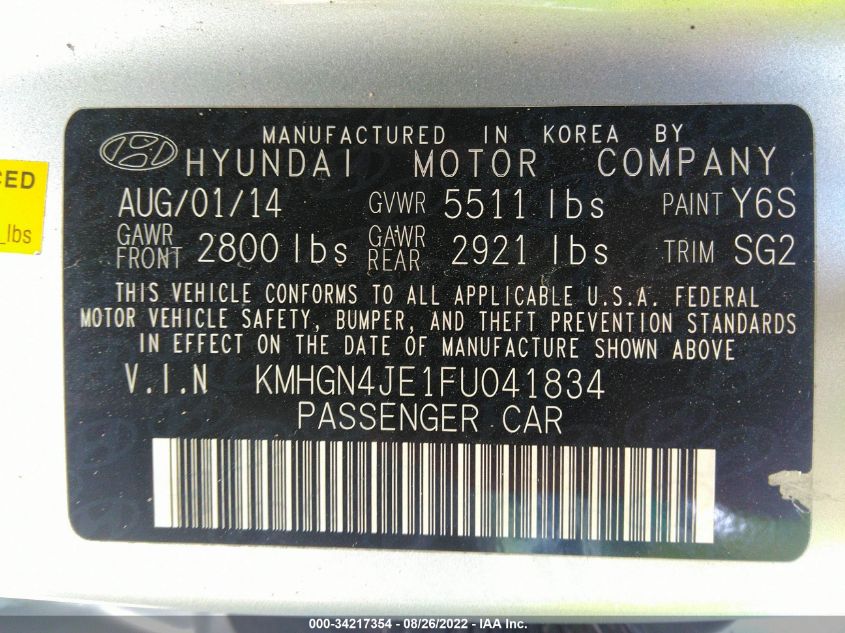2015 HYUNDAI GENESIS 3.8L KMHGN4JE1FU041834