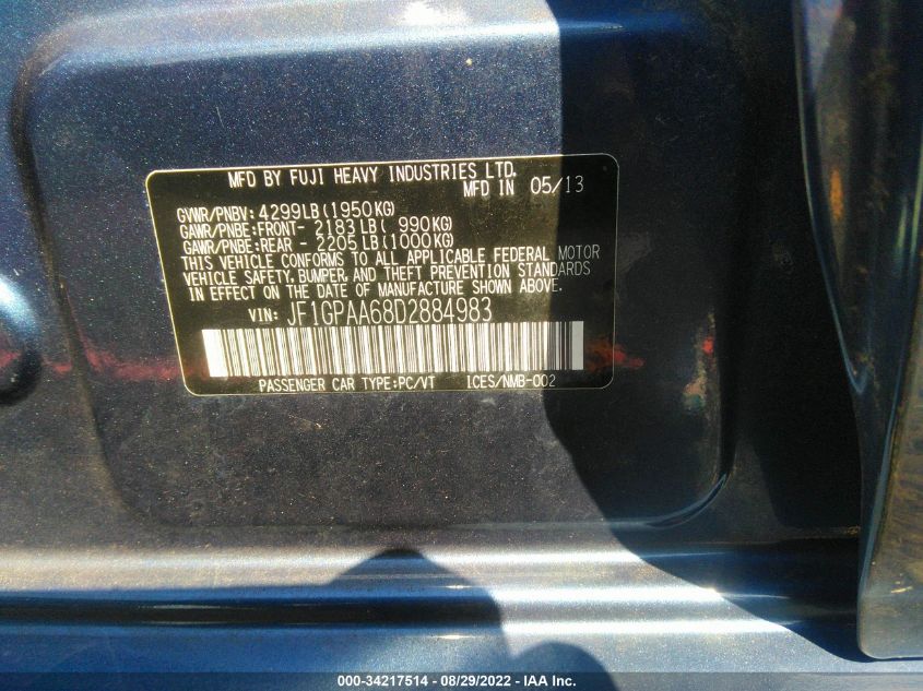 2013 SUBARU IMPREZA WAGON 2.0I JF1GPAA68D2884983