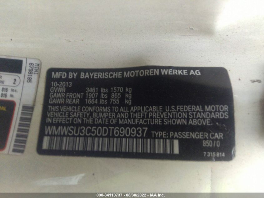 2013 MINI COOPER HARDTOP WMWSU3C50DT690937