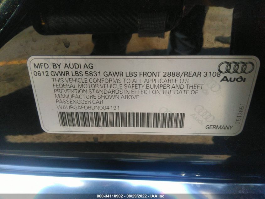 2013 AUDI A8 L 3.0L WAURGAFD6DN004191