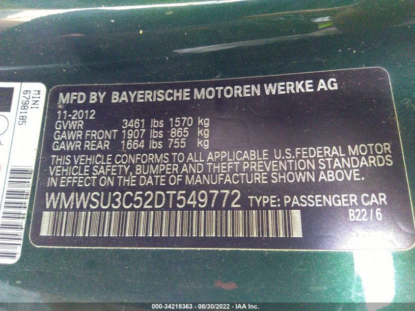 2013 MINI COOPER HARDTOP WMWSU3C52DT549772