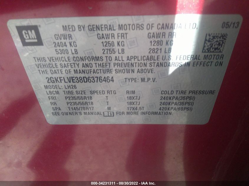 2013 GMC TERRAIN SLT 2GKFLVE38D6376464