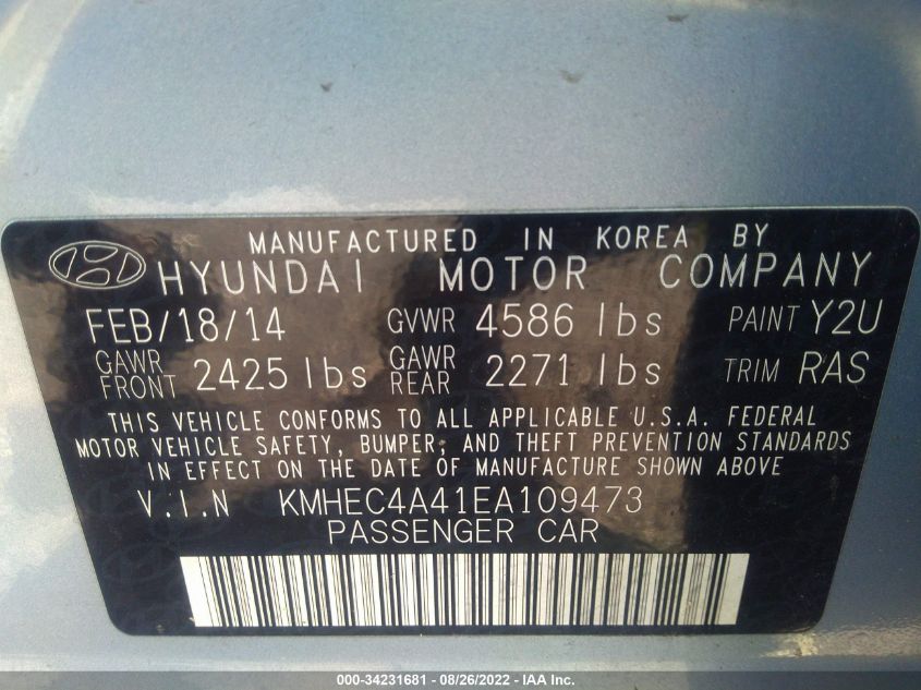 2014 HYUNDAI SONATA HYBRID LIMITED KMHEC4A41EA109473
