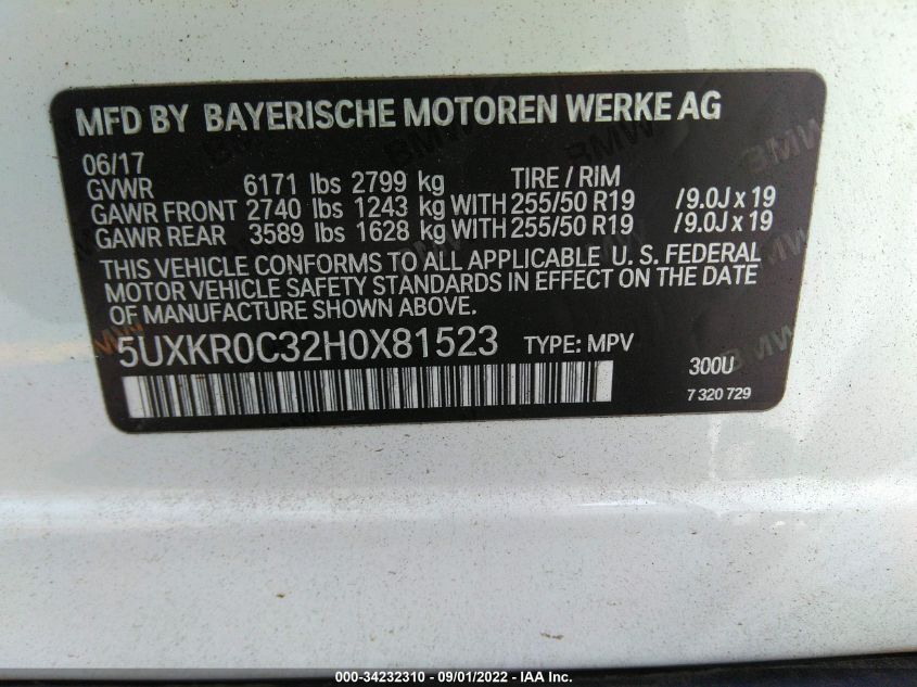 VIN 5UXKR0C32H0X81523 2017 BMW X5 no.9