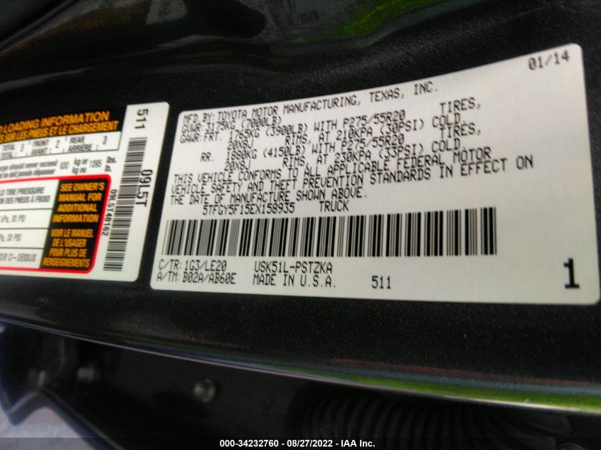 2014 TOYOTA TUNDRA 2WD TRUCK 1794/PLATINUM - 5TFGY5F15EX158935