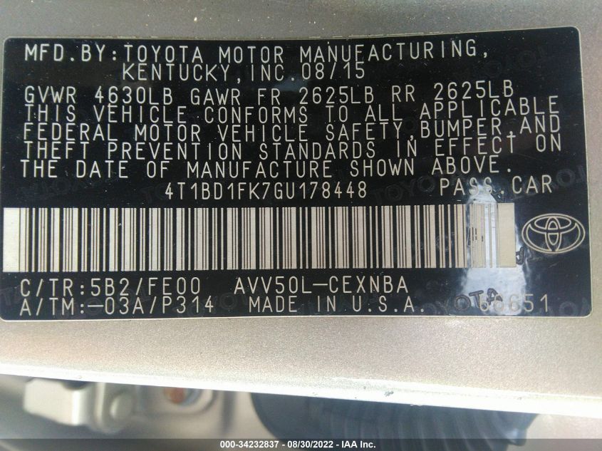 2016 TOYOTA CAMRY HYBRID LE/XLE/SE 4T1BD1FK7GU178448