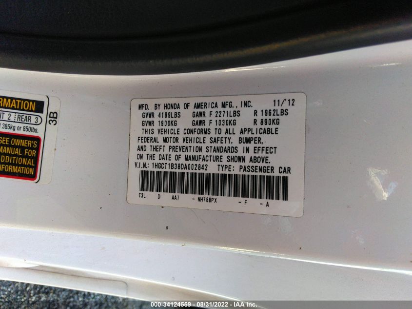 2013 HONDA ACCORD CPE LX-S 1HGCT1B38DA002842